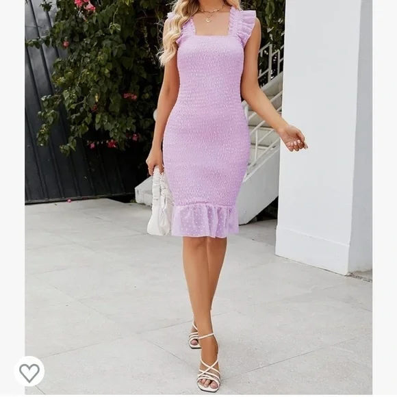 NWT FARORO Bodycon Casual Puff Sleeve Smocked Midi Dress - Picture 3 of 10